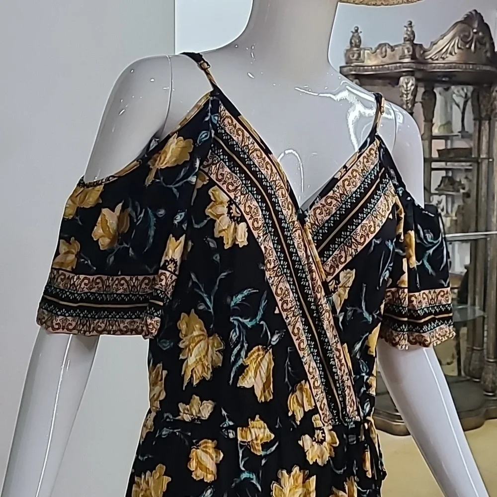 Xhilaration Cold Shoulder Yellow Black Floral V Neck Tassels Maxi Dress - Picture 3 of 12